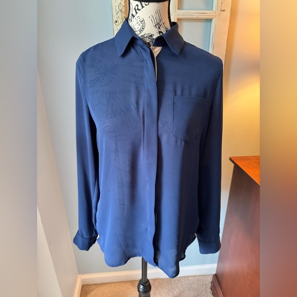 Women’s Joe Fresh Sheer Navy & Tan Button Down Shirt Size XS - Picture 1 of 7